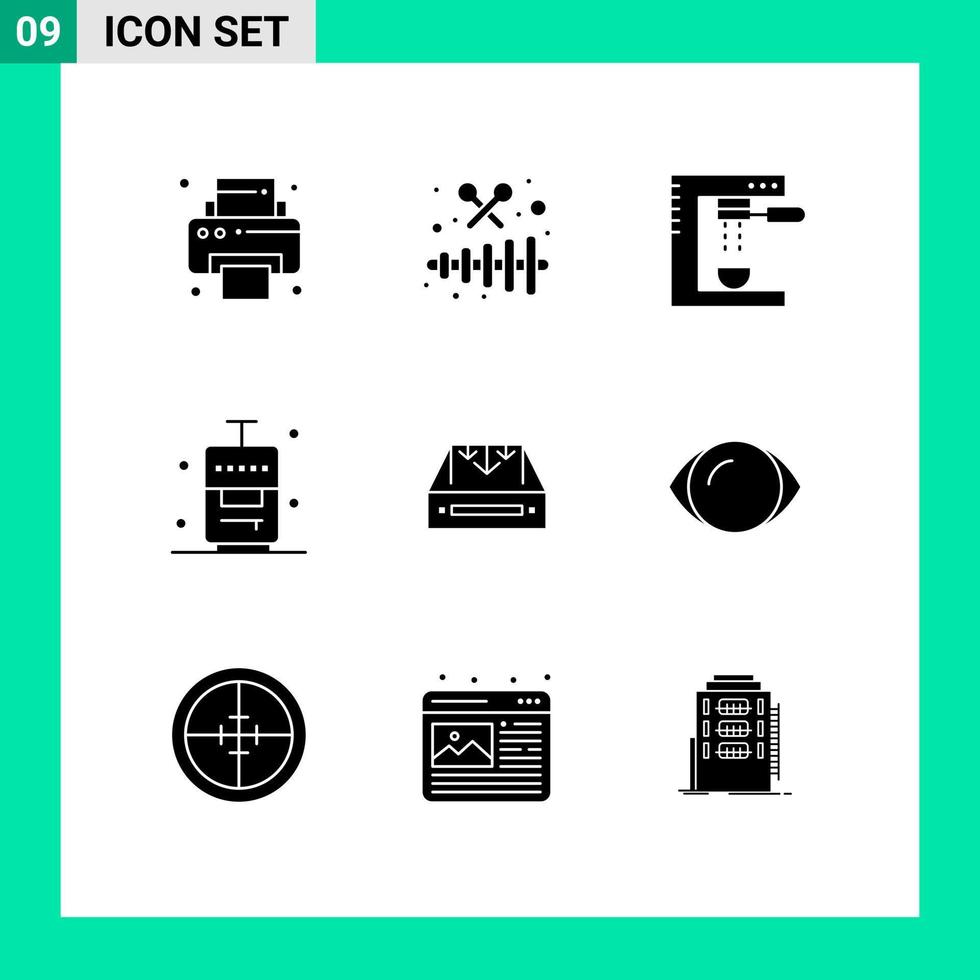 Mobile Interface Solid Glyph Set of 9 Pictograms of mail vacation drinks travel bag Editable Vector Design Elements