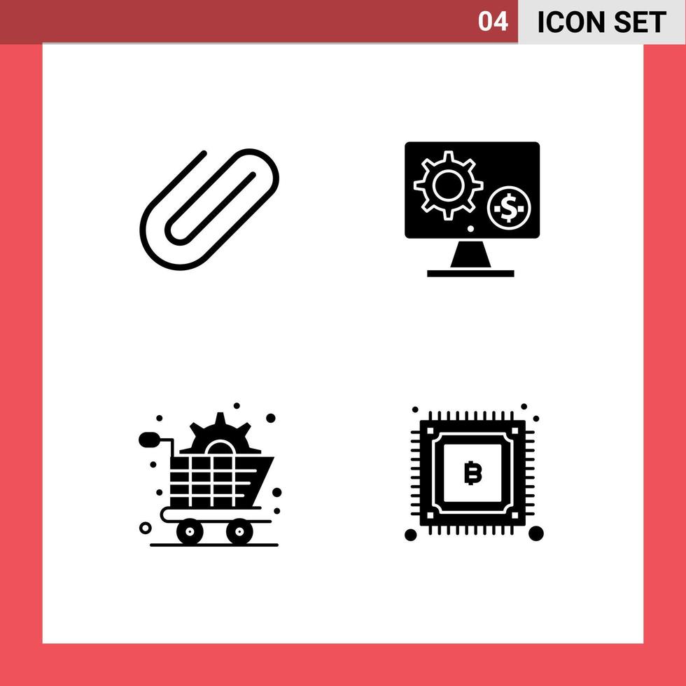 Universal Icon Symbols Group of 4 Modern Solid Glyphs of attachment money add screen commerce Editable Vector Design Elements