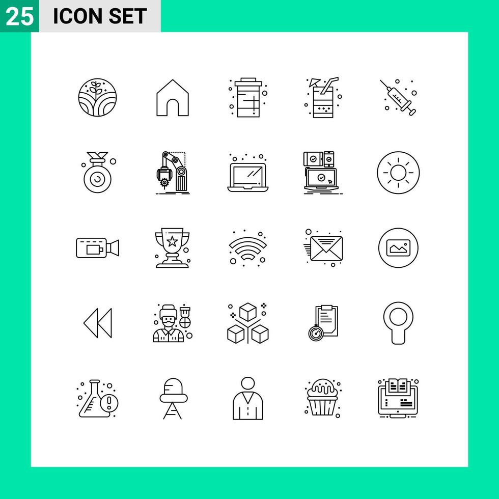 Pack of 25 Modern Lines Signs and Symbols for Web Print Media such as medicine injection drink juice drink Editable Vector Design Elements