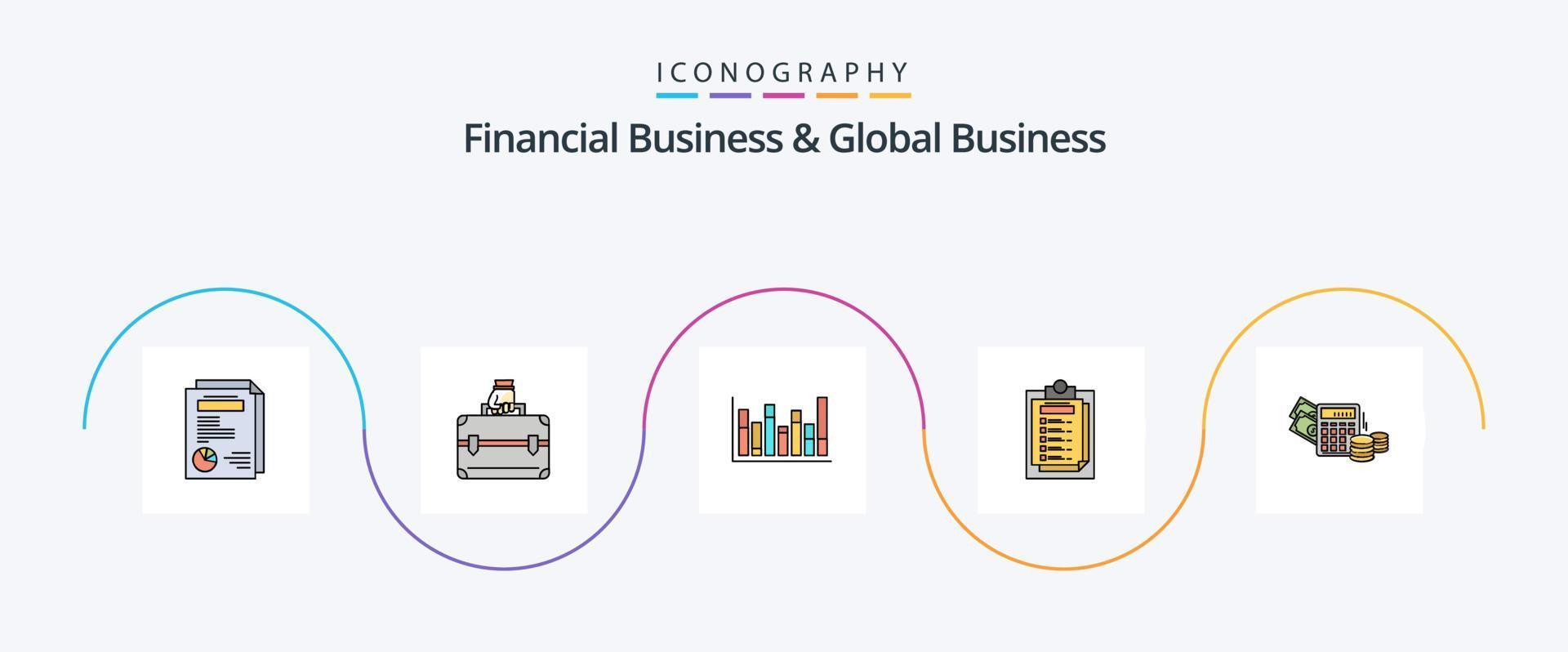 Financial Business And Global Business Line Filled Flat 5 Icon Pack Including money. report. graph. presentation. vector