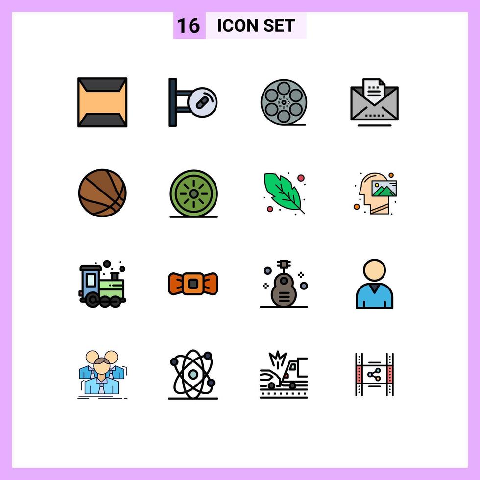 Flat Color Filled Line Pack of 16 Universal Symbols of basketball education play letter draft Editable Creative Vector Design Elements