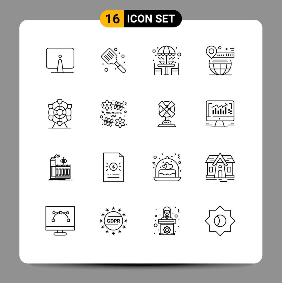 16 User Interface Outline Pack of modern Signs and Symbols of world map flipper umbrella furniture Editable Vector Design Elements