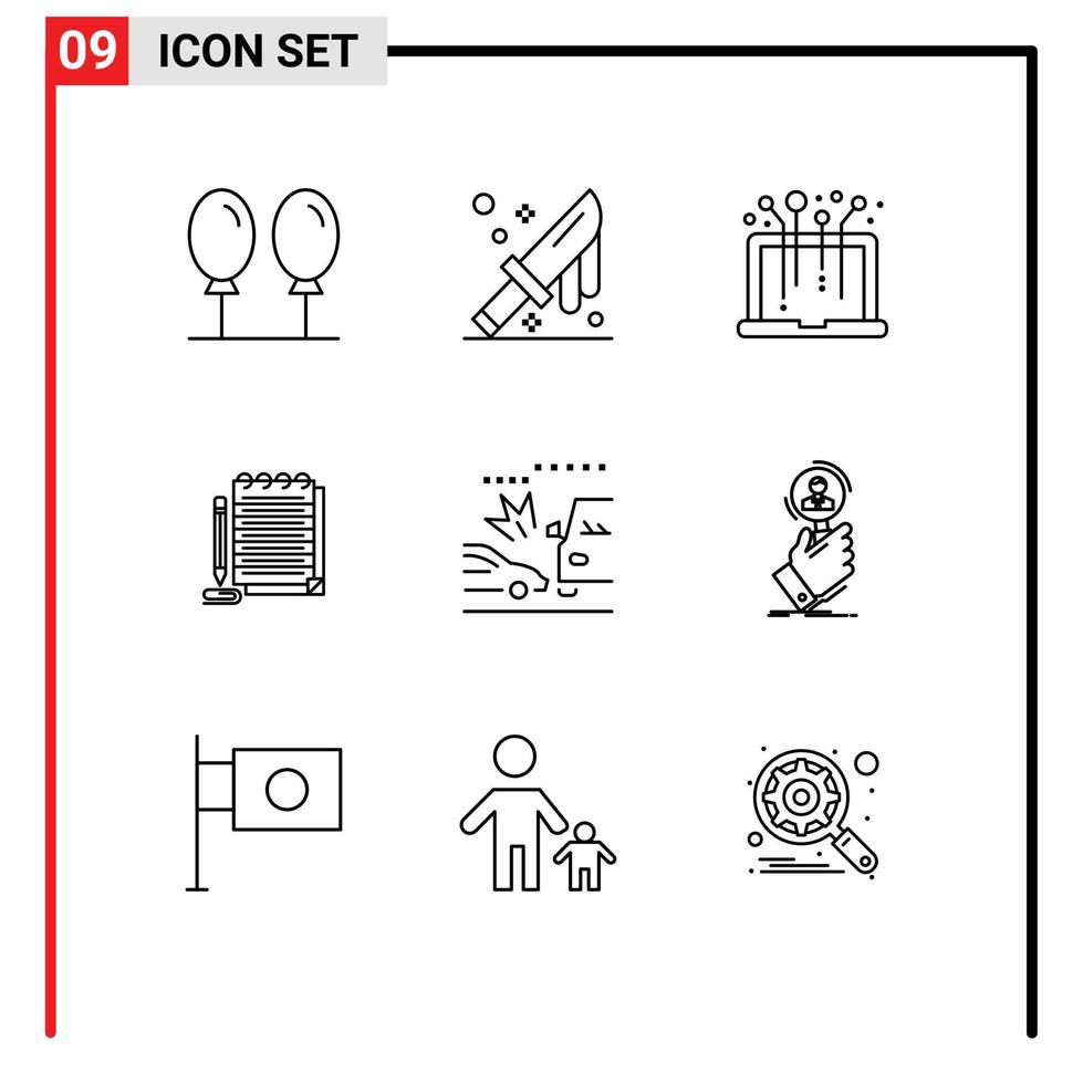 Set of 9 Modern UI Icons Symbols Signs for cars accident laptop novel notebook Editable Vector Design Elements