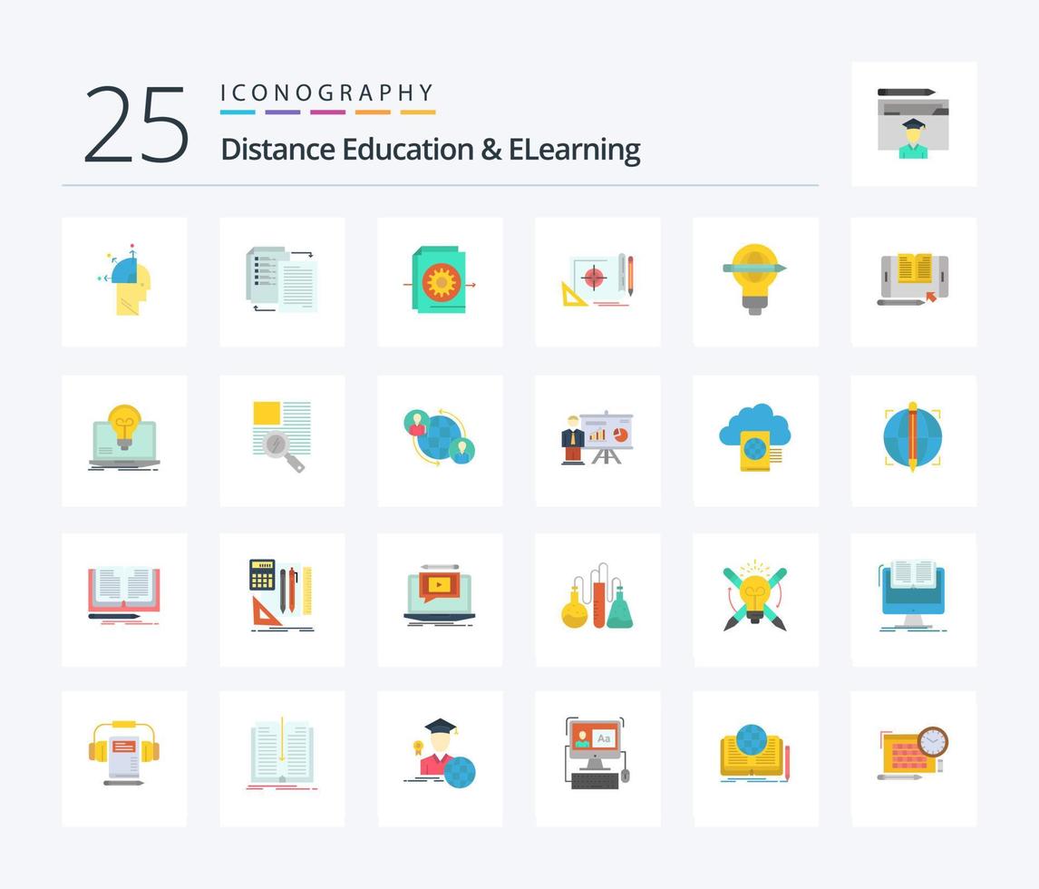 Distance Education And Elearning 25 Flat Color icon pack including target. file target. shareit. file. settings vector