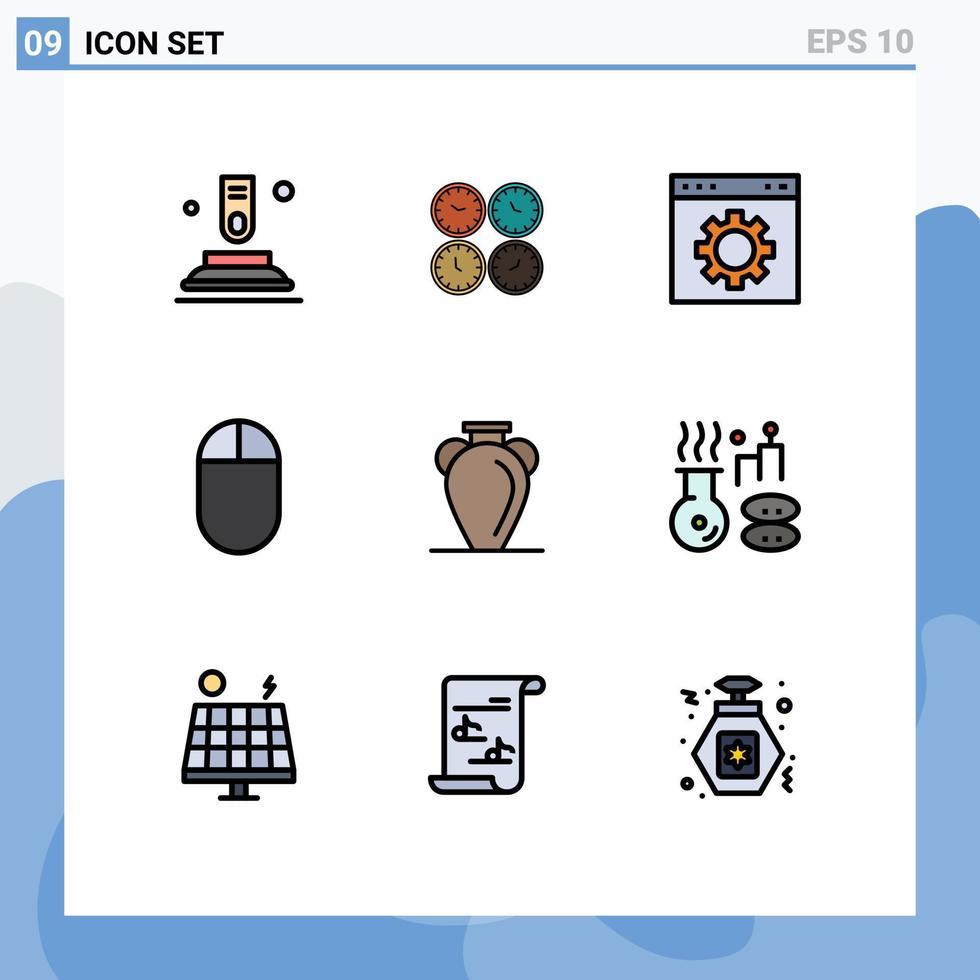 9 colores planos de línea de relleno de vector temático y símbolos editables de configuración de mouse elementos de diseño de vector editable de equipo de página de zona horaria