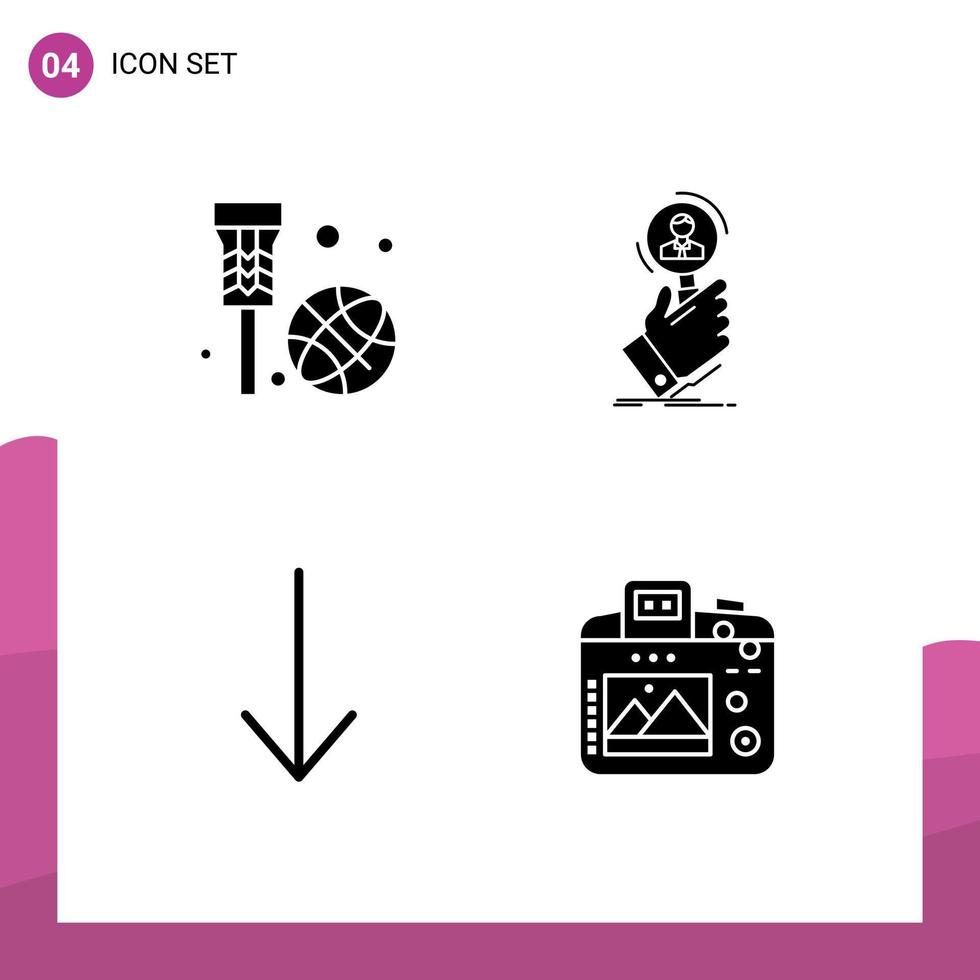 4 Thematic Vector Solid Glyphs and Editable Symbols of basket people net search down Editable Vector Design Elements