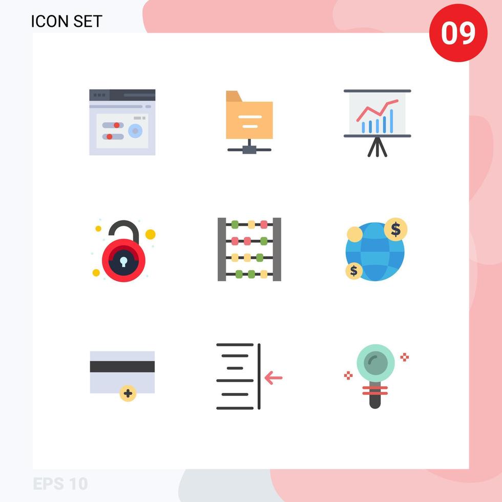 9 User Interface Flat Color Pack of modern Signs and Symbols of toy abacus meeting unsecured unlock Editable Vector Design Elements