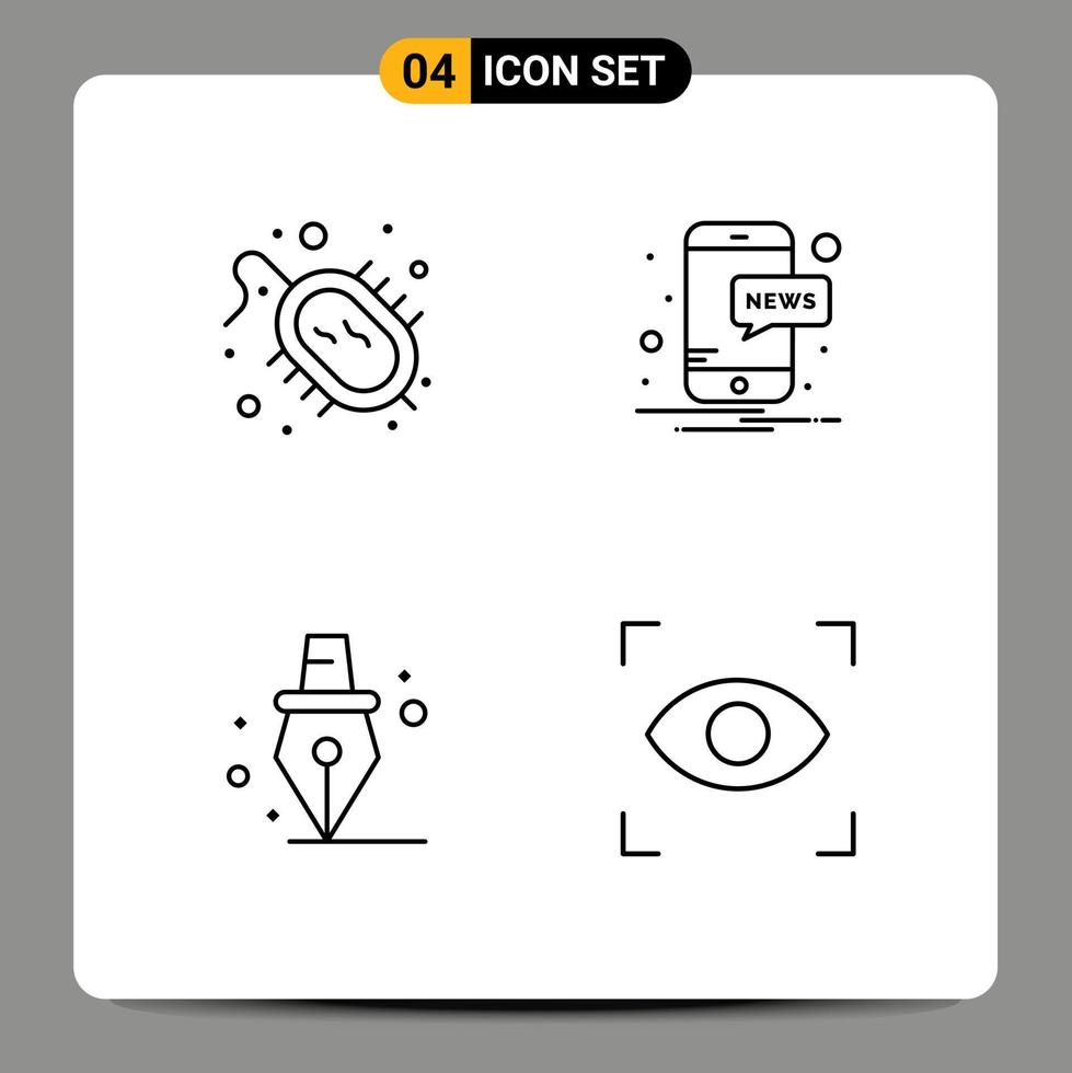 Mobile Interface Line Set of 4 Pictograms of bacteria school research notification focus Editable Vector Design Elements
