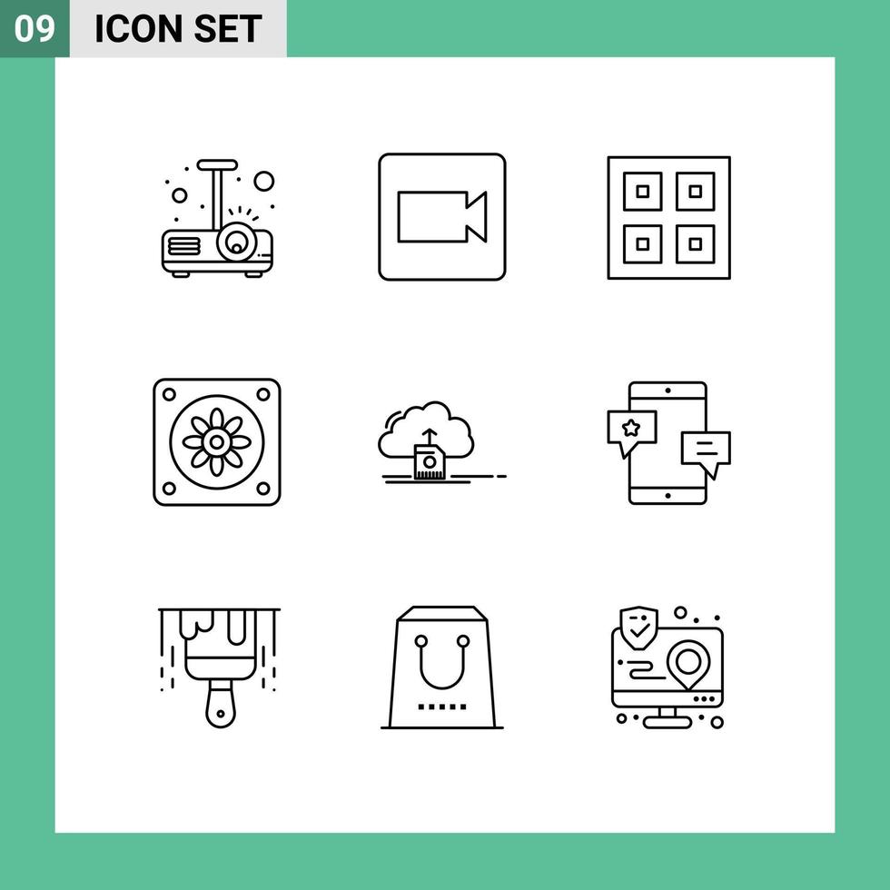 Group of 9 Modern Outlines Set for data upload boxes cloud cooler Editable Vector Design Elements