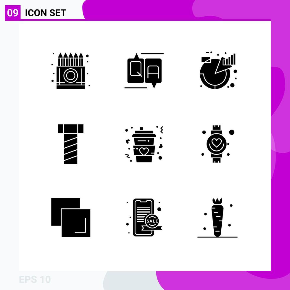 Pack of 9 creative Solid Glyphs of cup screw message bolt management Editable Vector Design Elements