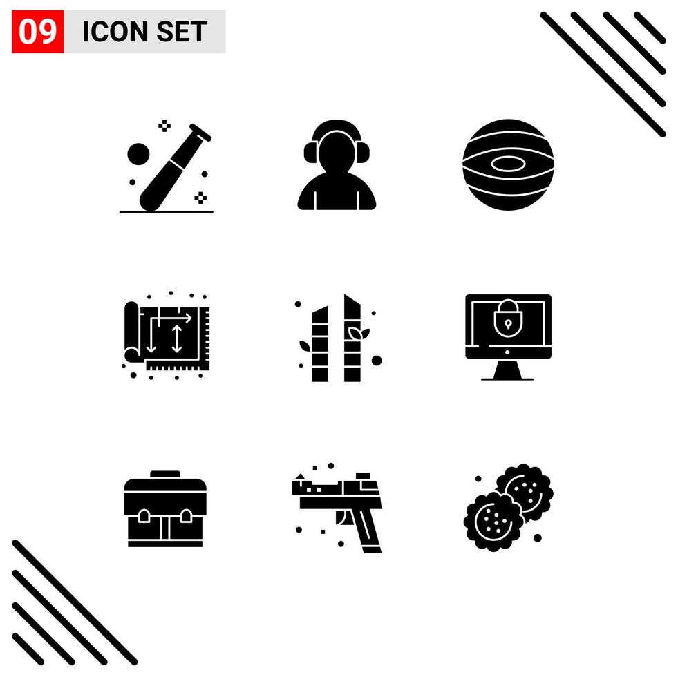 9 Thematic Vector Solid Glyphs and Editable Symbols of bamboo house headphone home architect Editable Vector Design Elements