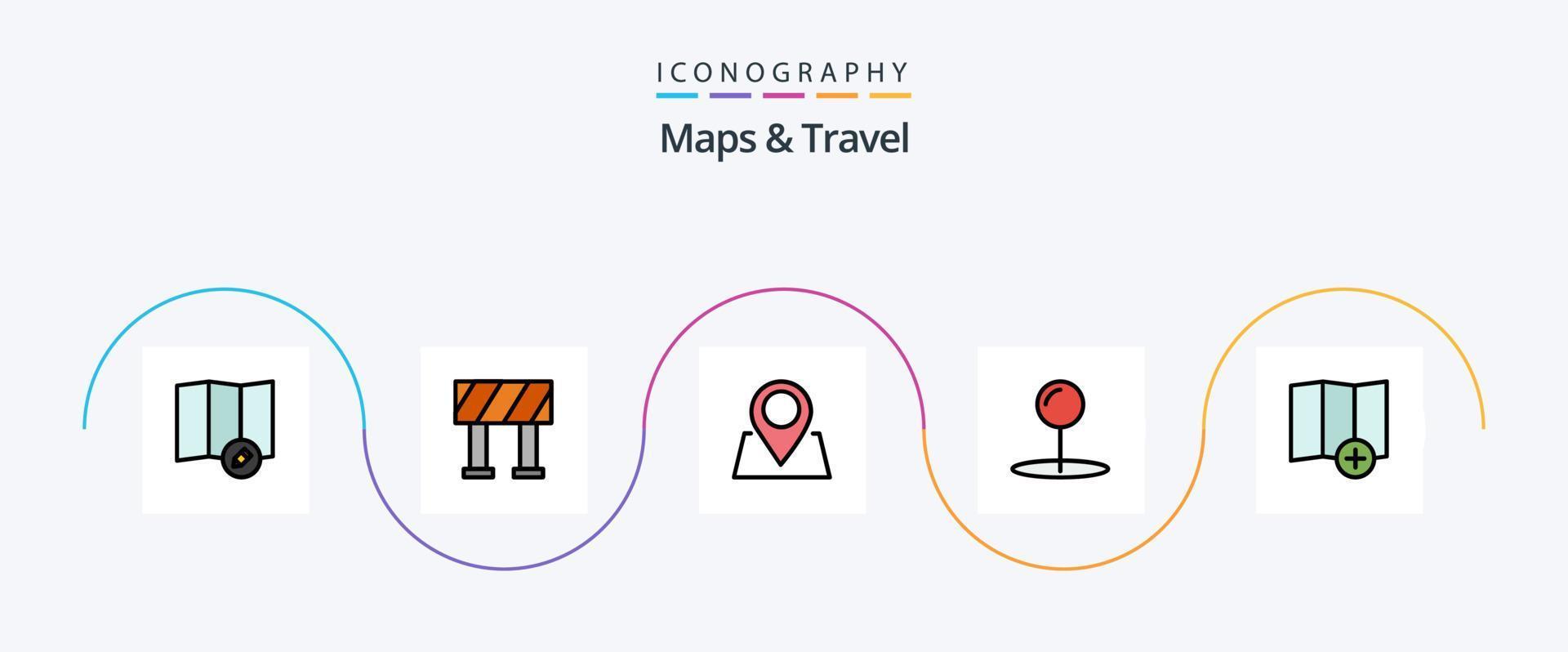 mapas y línea de viaje llenos de paquete de iconos planos 5 que incluye. alfiler. nuevo vector