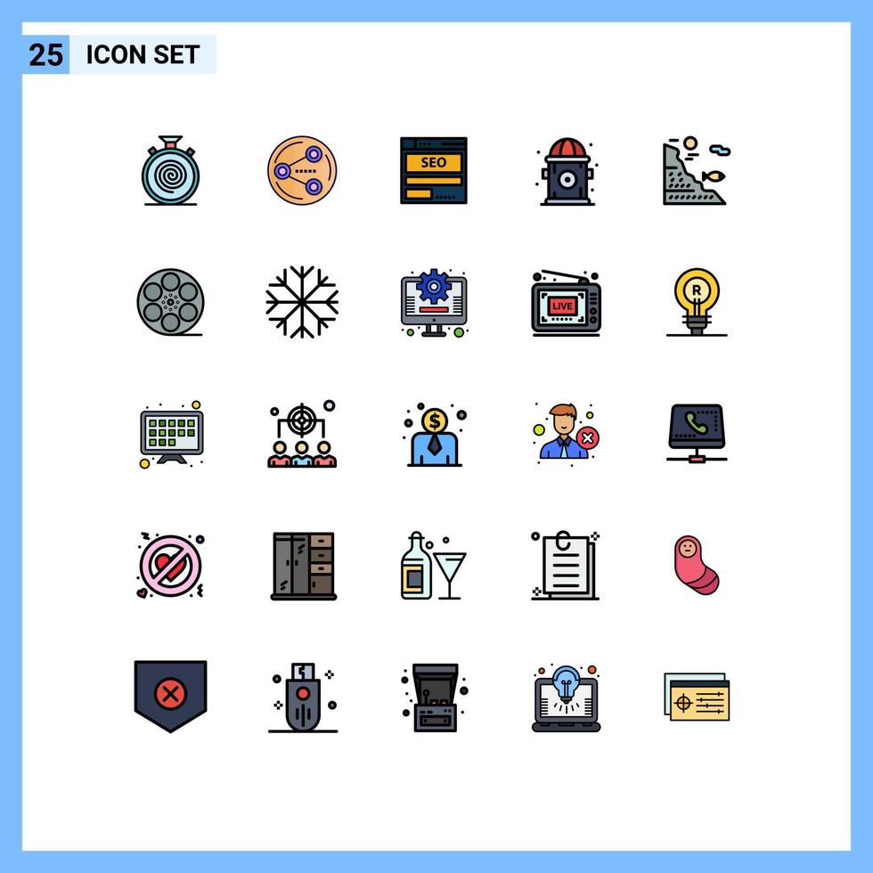 Group of 25 Filled line Flat Colors Signs and Symbols for hydrant city media tech hosting Editable Vector Design Elements