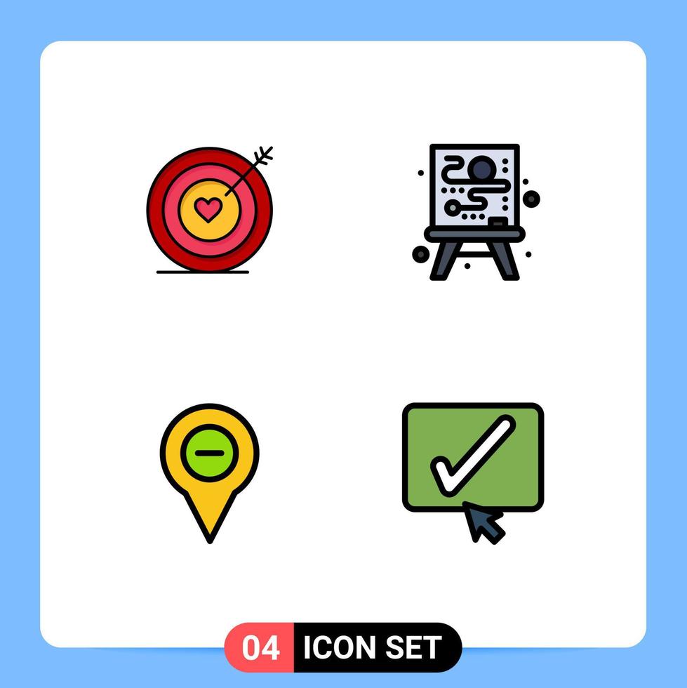 4 User Interface Filledline Flat Color Pack of modern Signs and Symbols of target navigation wedding process minus Editable Vector Design Elements