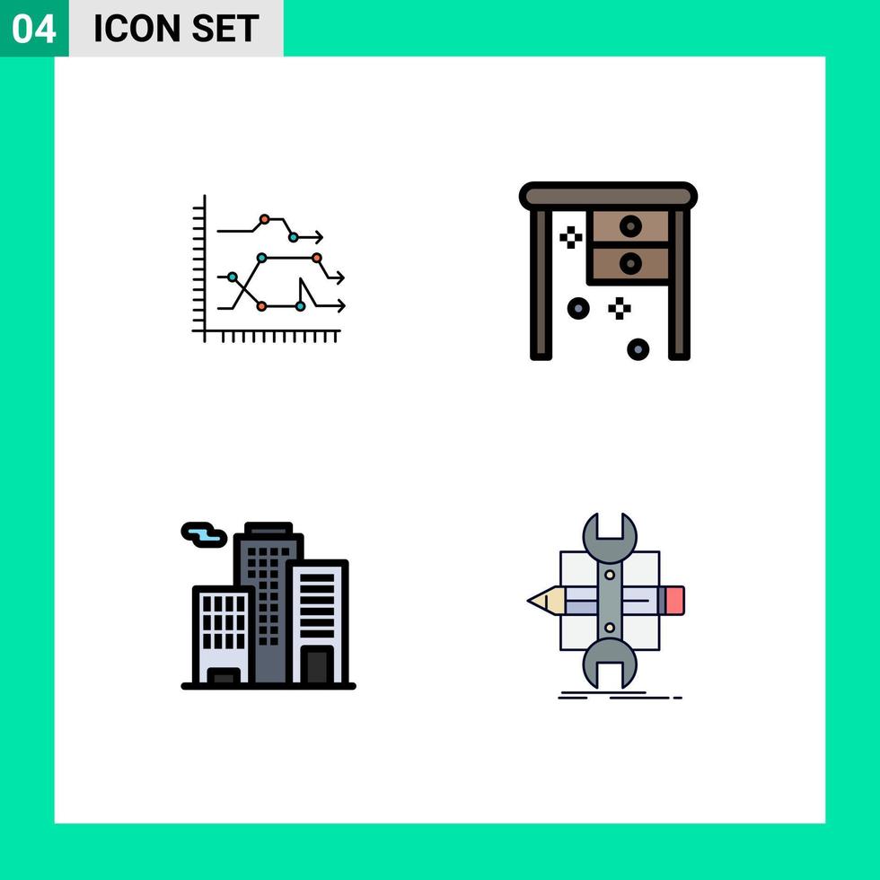 Pack of 4 Modern Filledline Flat Colors Signs and Symbols for Web Print Media such as analytics working desk diagram desk business Editable Vector Design Elements