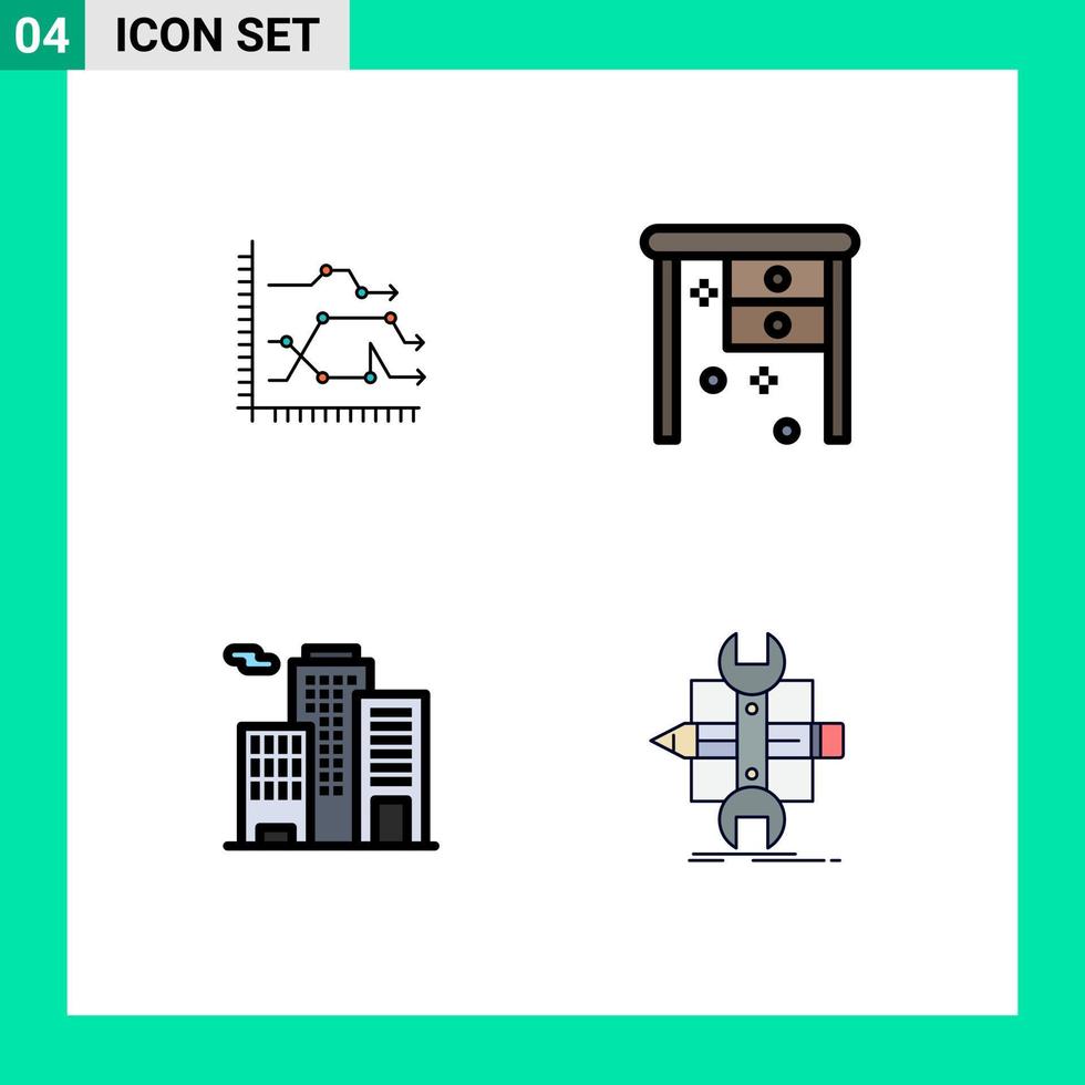 paquete de 4 signos y símbolos de colores planos de línea de llenado modernos para medios de impresión web, como análisis de escritorio, diagrama de escritorio, elementos de diseño de vectores editables de negocios