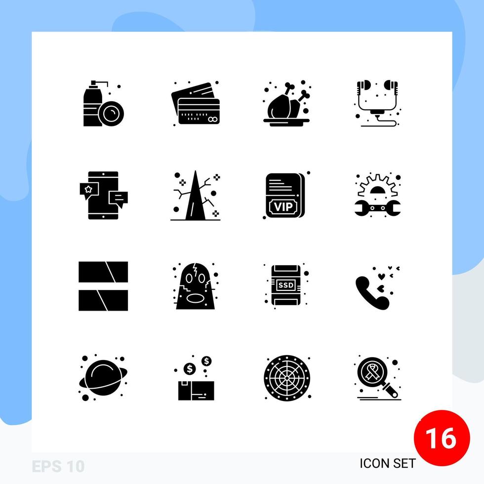 16 Thematic Vector Solid Glyphs and Editable Symbols of chat headphone payment hardware plate Editable Vector Design Elements