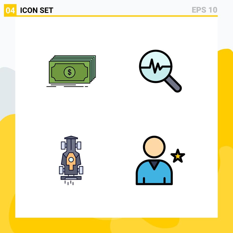 4 User Interface Filledline Flat Color Pack of modern Signs and Symbols of cash car funds info graphics game Editable Vector Design Elements