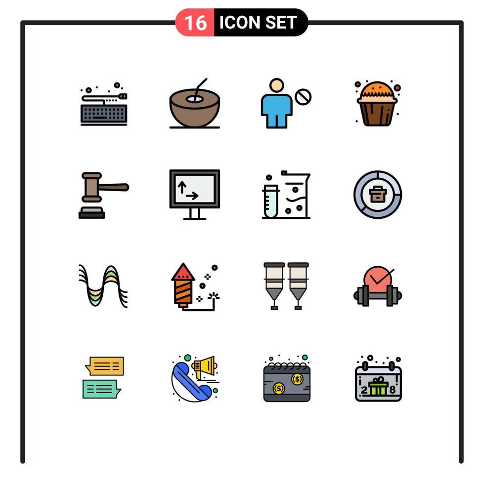 Mobile Interface Flat Color Filled Line Set of 16 Pictograms of hammer auction body muffin sweet cup Editable Creative Vector Design Elements