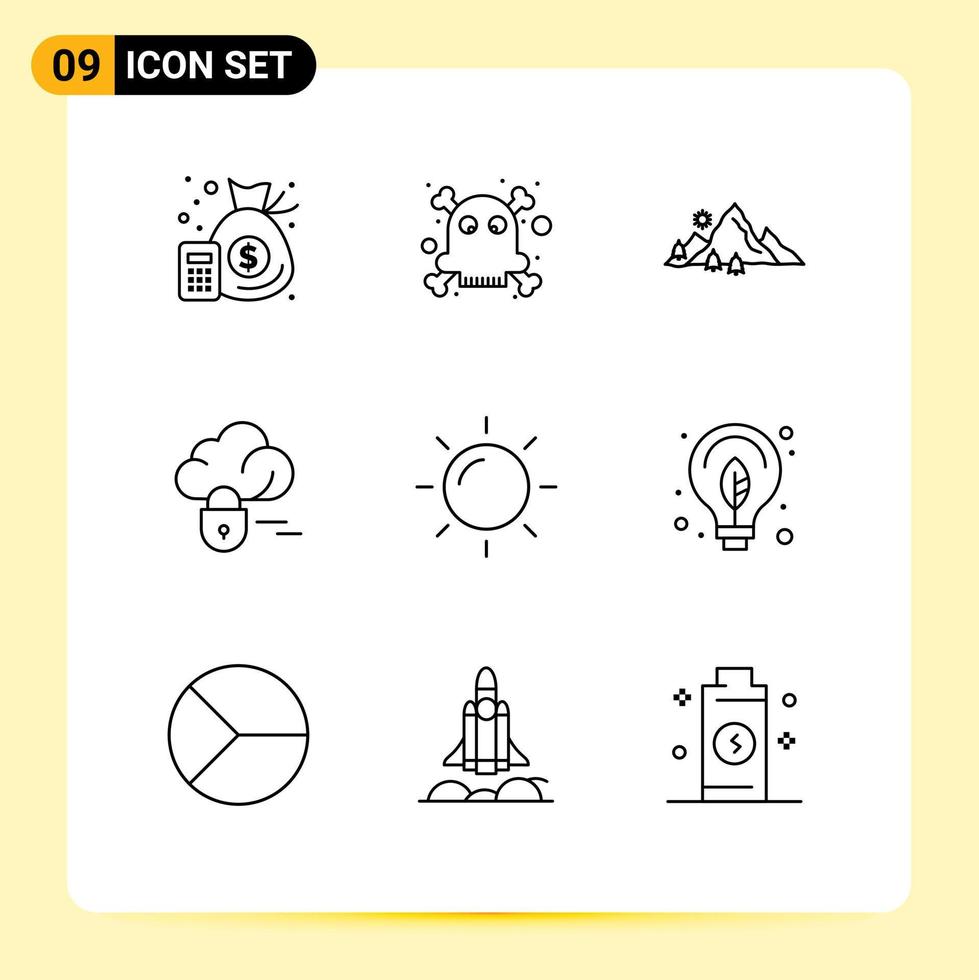 9 User Interface Outline Pack of modern Signs and Symbols of sunny day landscape server cloud Editable Vector Design Elements