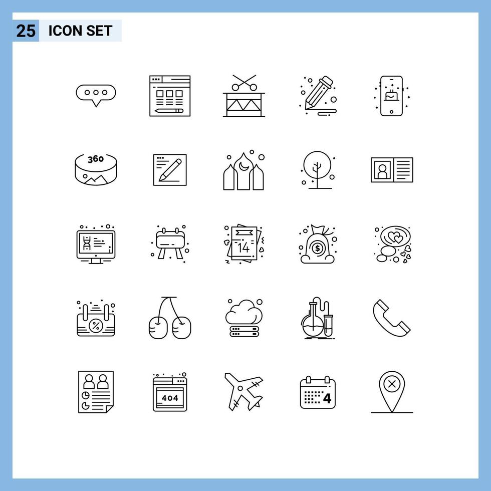 Mobile Interface Line Set of 25 Pictograms of view cake festival mobile pencil Editable Vector Design Elements