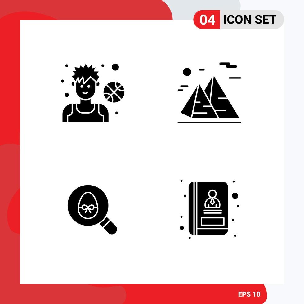 Mobile Interface Solid Glyph Set of 4 Pictograms of athlete travel man hiking egg Editable Vector Design Elements