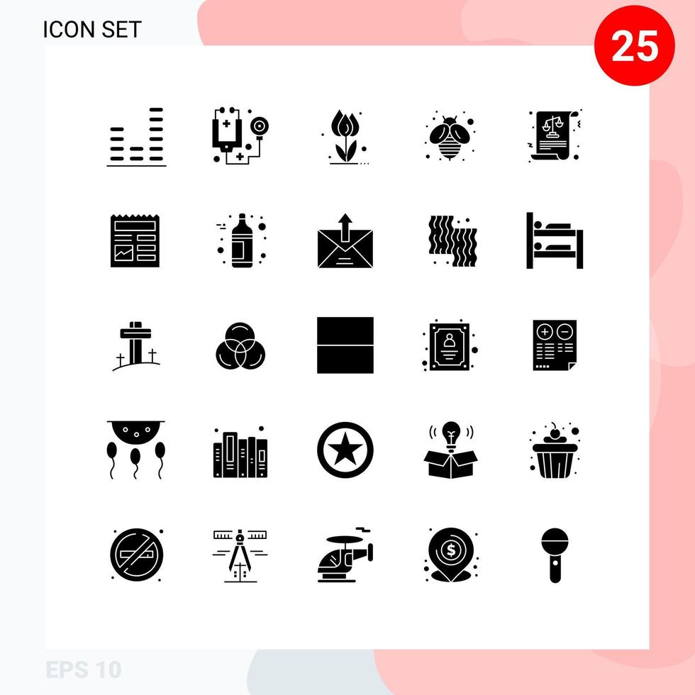 Group of 25 Modern Solid Glyphs Set for equality honey flora fly rose Editable Vector Design Elements