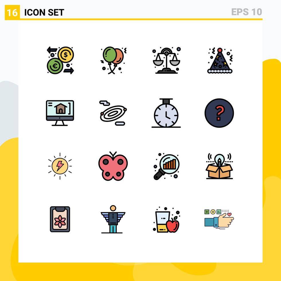 Pictogram Set of 16 Simple Flat Color Filled Lines of home hat birthday fun birthday Editable Creative Vector Design Elements