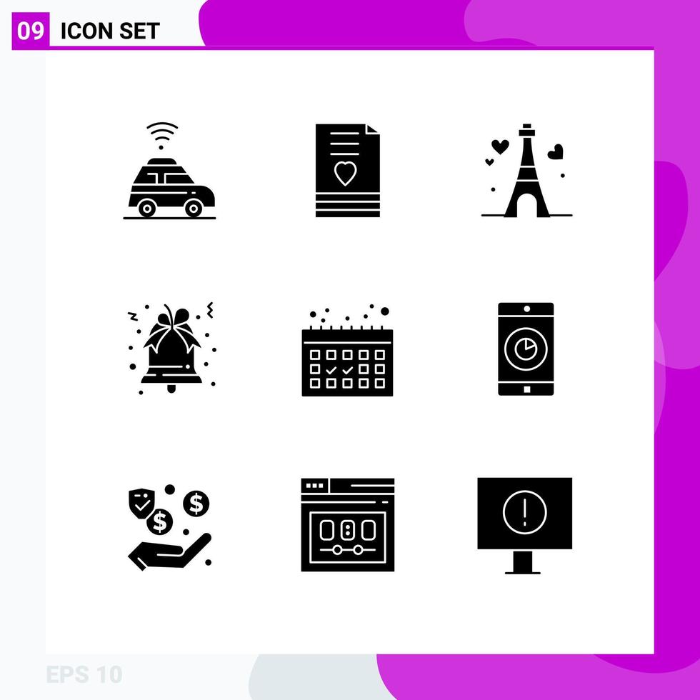 Set of 9 Commercial Solid Glyphs pack for vacation calendar tower xmas bell Editable Vector Design Elements