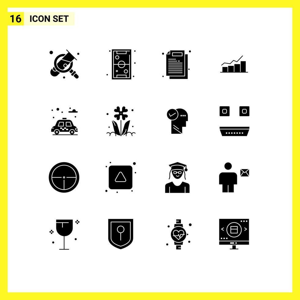 Mobile Interface Solid Glyph Set of 16 Pictograms of increase flowchart recreation chart work Editable Vector Design Elements