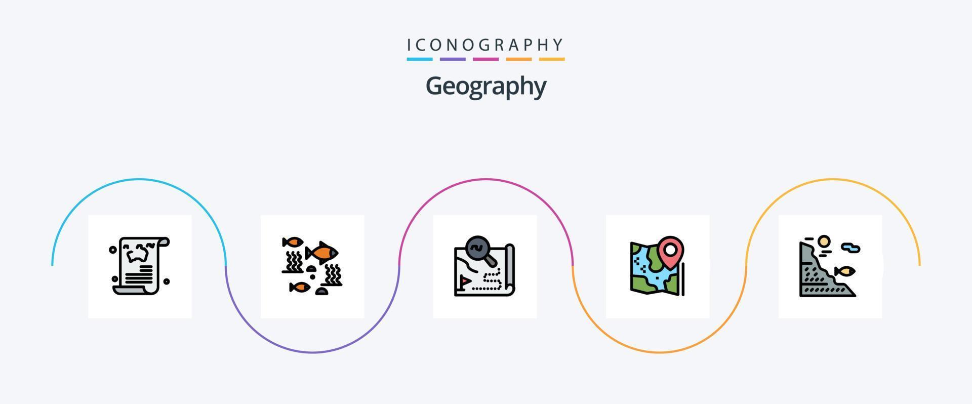 Geo Graphy Line Filled Flat 5 Icon Pack Including location. map. sea. search. travel vector