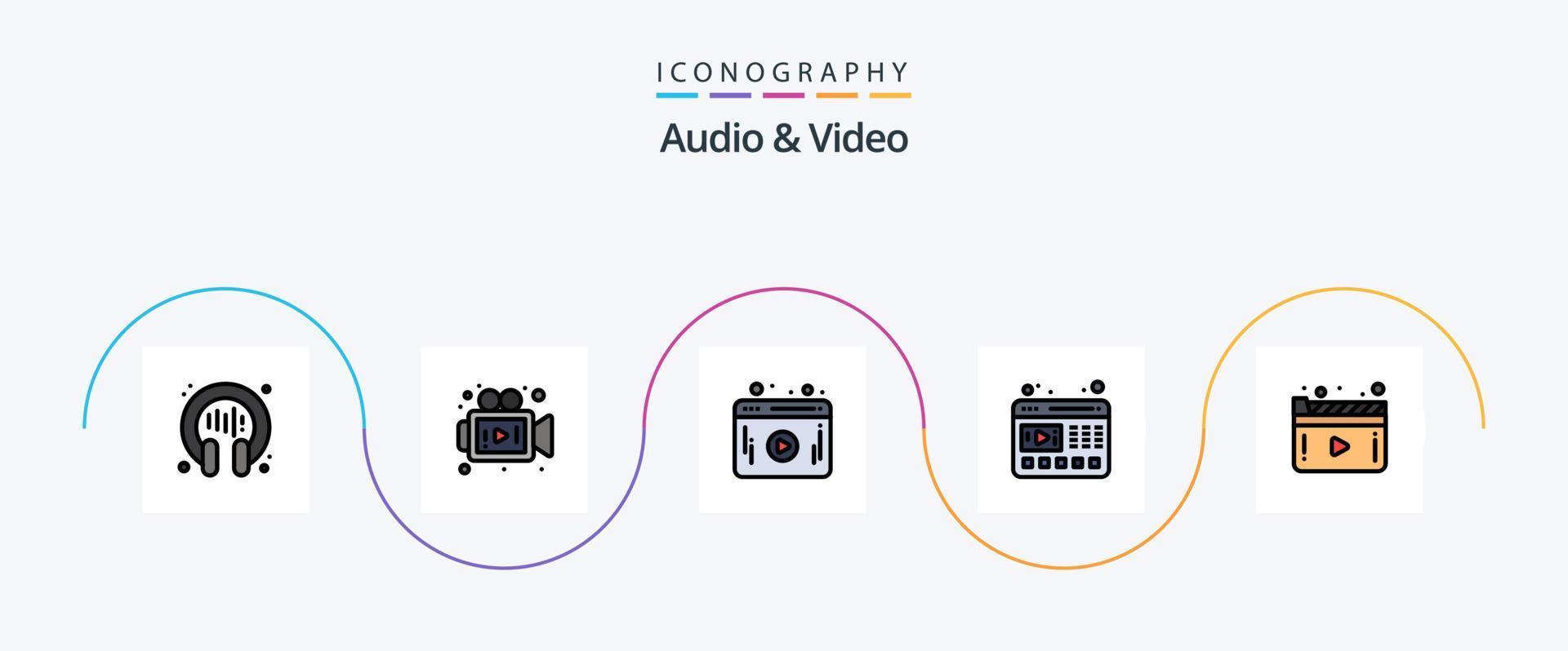 Audio And Video Line Filled Flat 5 Icon Pack Including play. movie. web. media. web vector