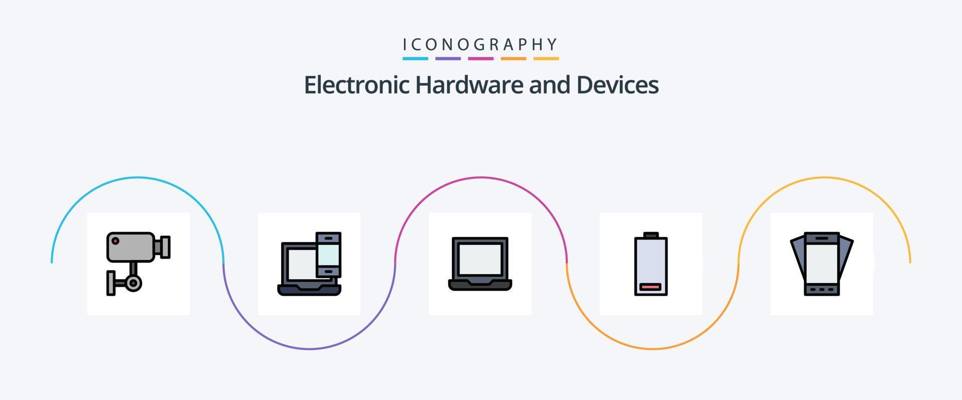 paquete de iconos de 5 planos llenos de línea de dispositivos que incluye bajo. electricidad. macbook eléctrico. computadora portátil vector