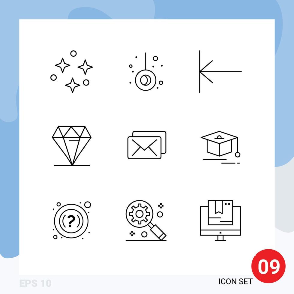 Group of 9 Outlines Signs and Symbols for cap mail home business rich Editable Vector Design Elements