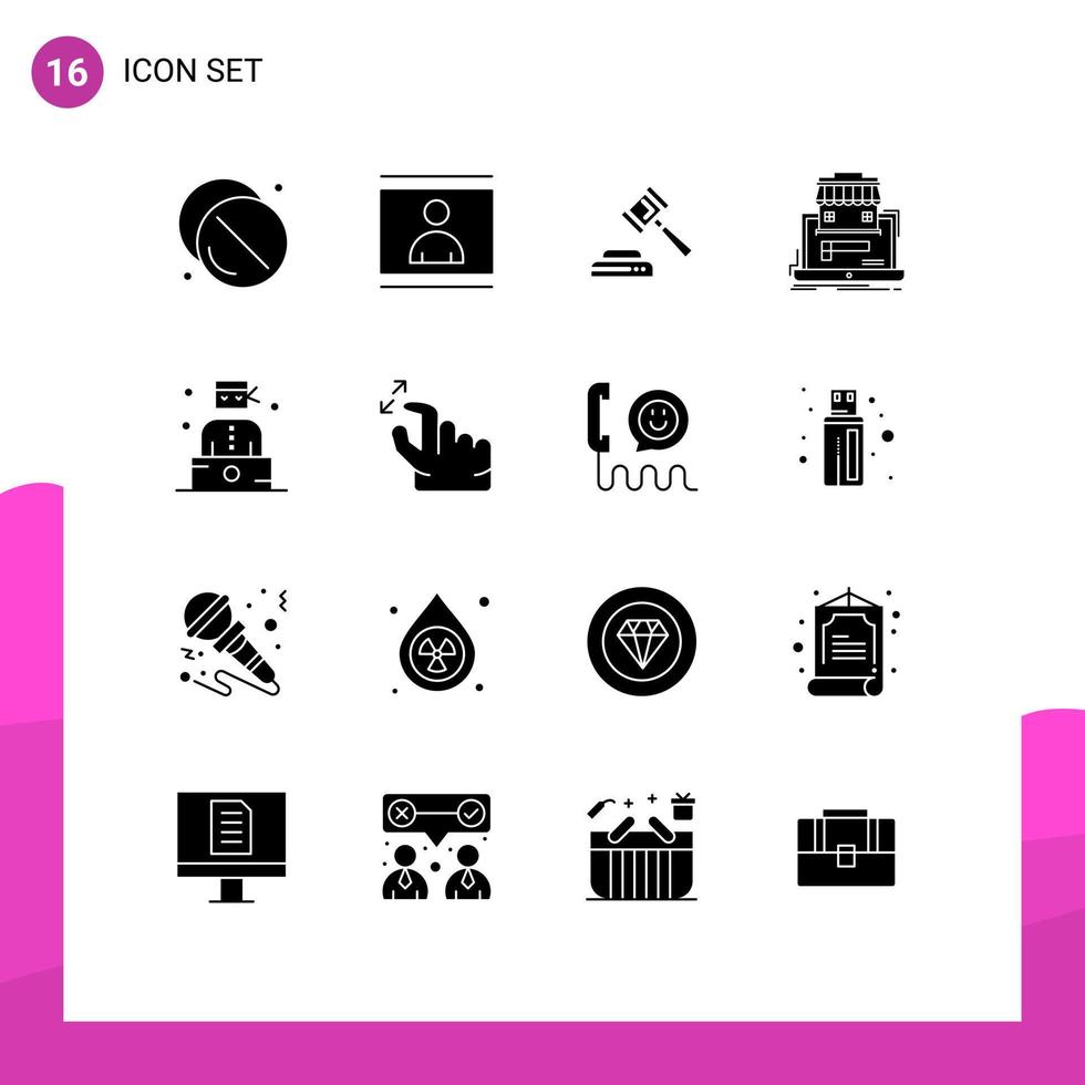 Mobile Interface Solid Glyph Set of 16 Pictograms of online market organization photo marketplace law Editable Vector Design Elements