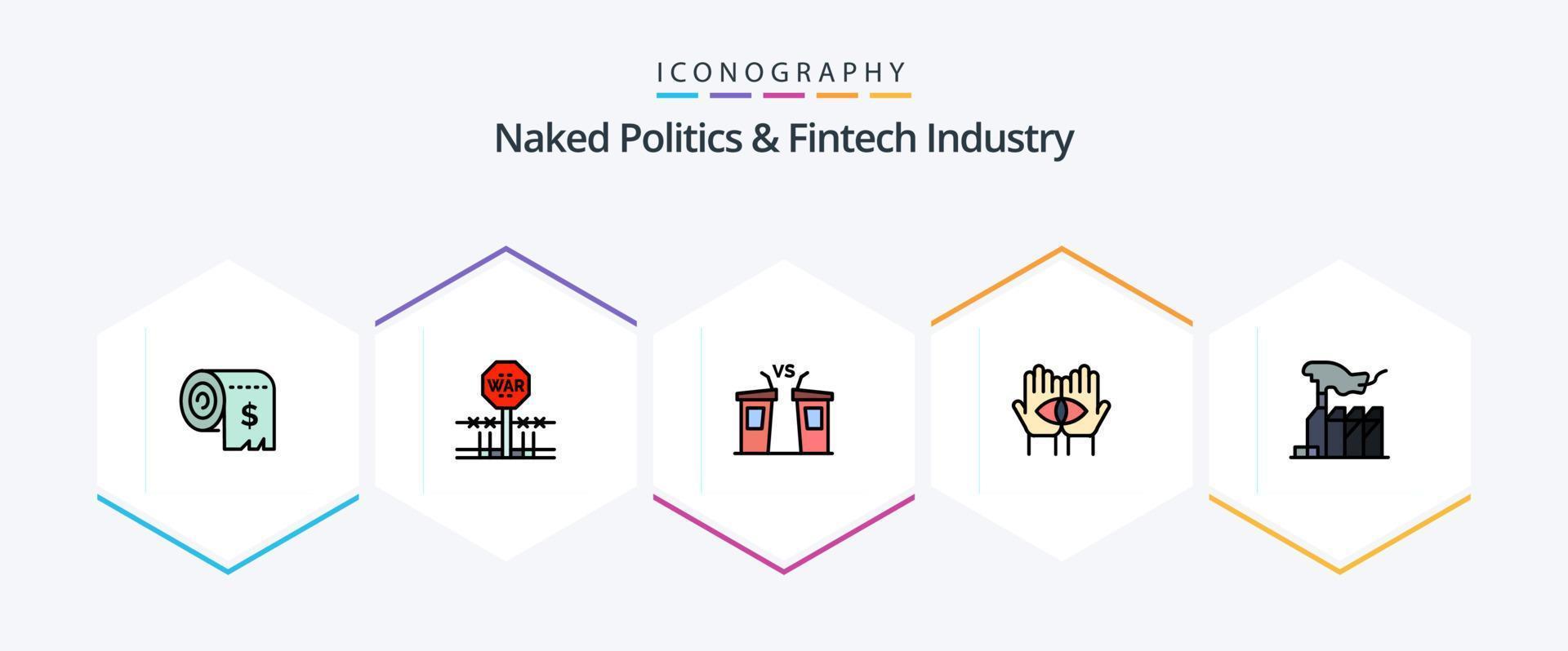 Naked Politics And Fintech Industry 25 FilledLine icon pack including medium. conspiracy. occupation. speaker. election vector