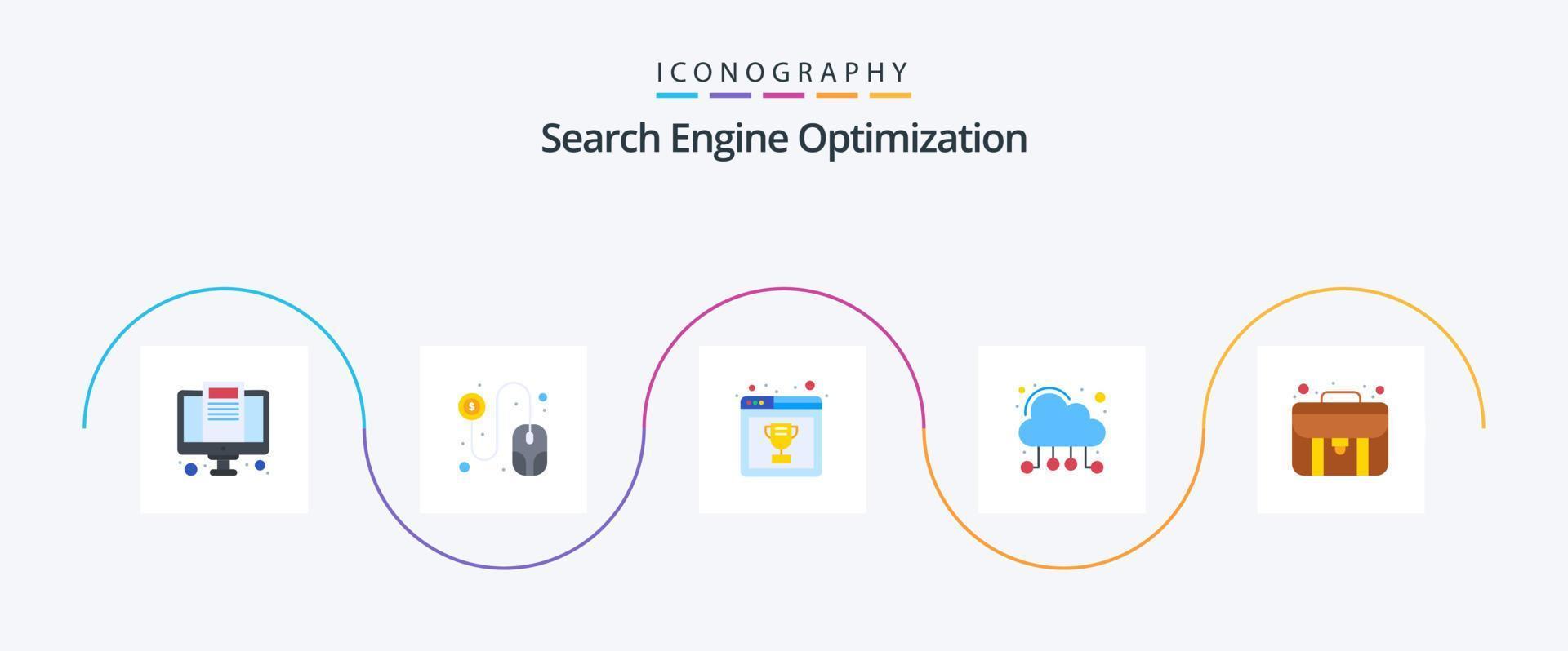 paquete de iconos seo flat 5 que incluye . caso. calidad de la página breve. red vector