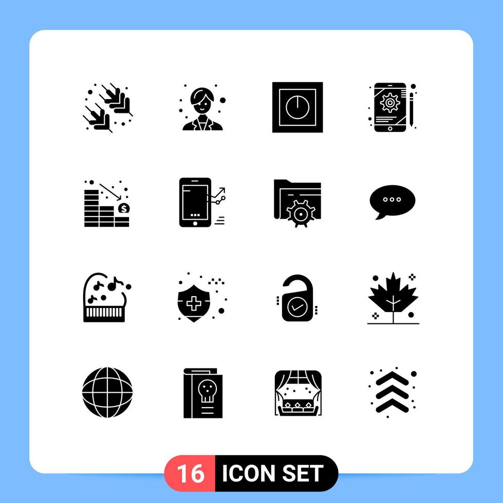 Group of 16 Modern Solid Glyphs Set for loss analytics products tablet configuration Editable Vector Design Elements