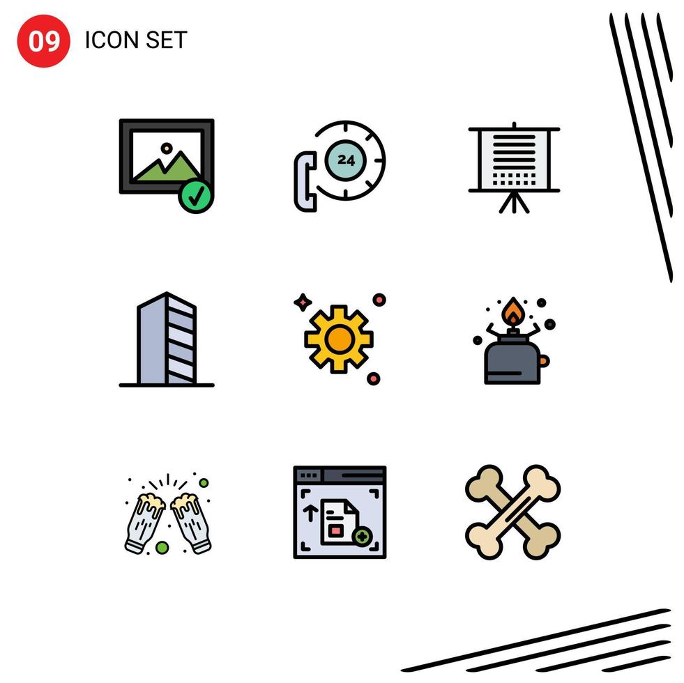 Modern Set of 9 Filledline Flat Colors Pictograph of gear landscape board house buildings Editable Vector Design Elements