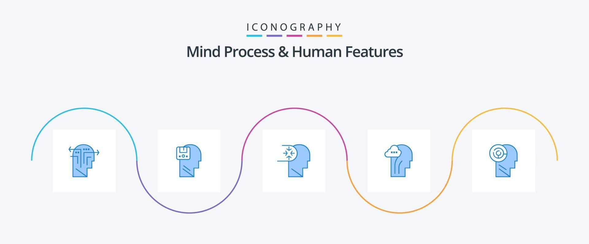 proceso mental y características humanas paquete de iconos azul 5 que incluye la cabeza. mente. masculino. cerebro. cabeza vector