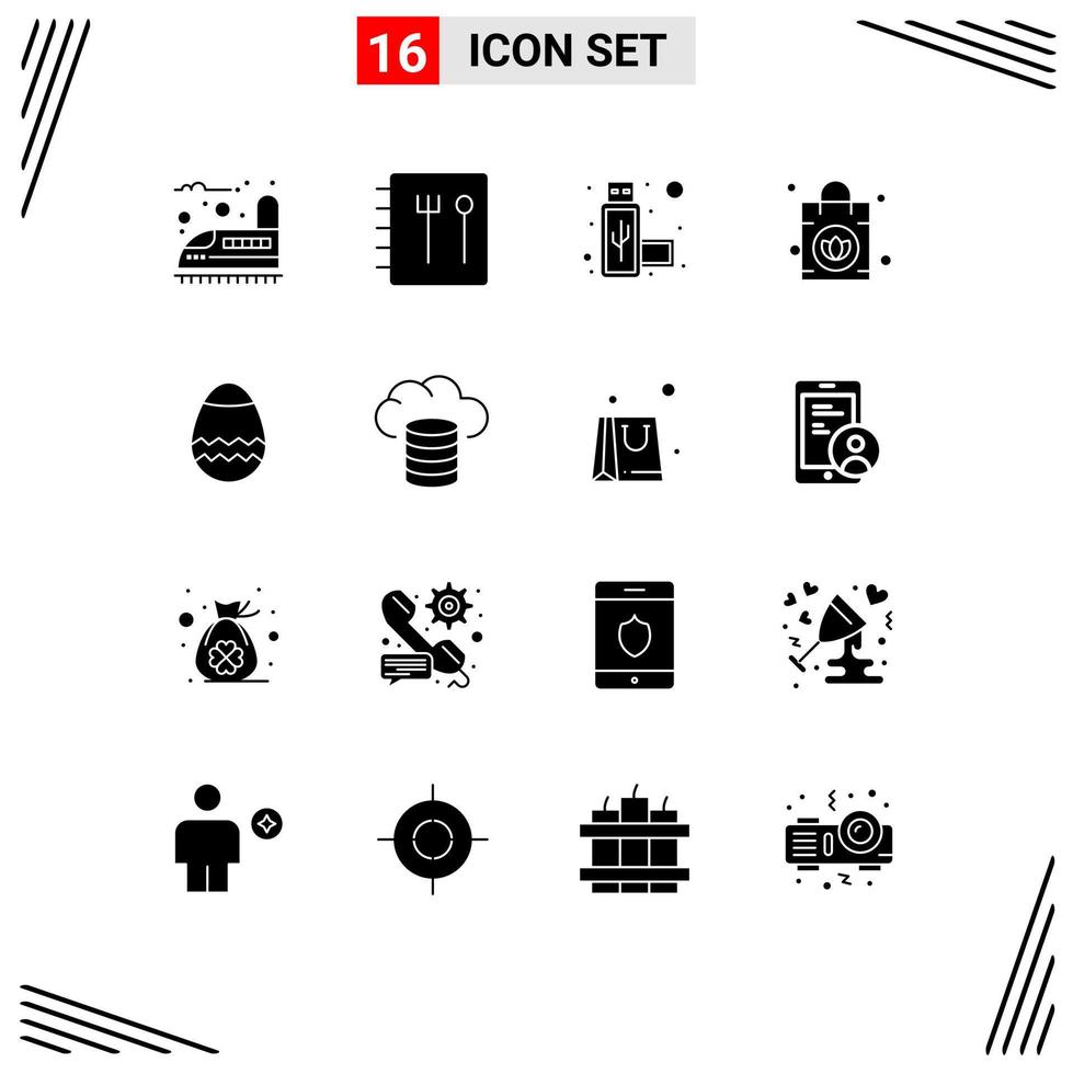 16 User Interface Solid Glyph Pack of modern Signs and Symbols of hosting backup usb spring easter Editable Vector Design Elements