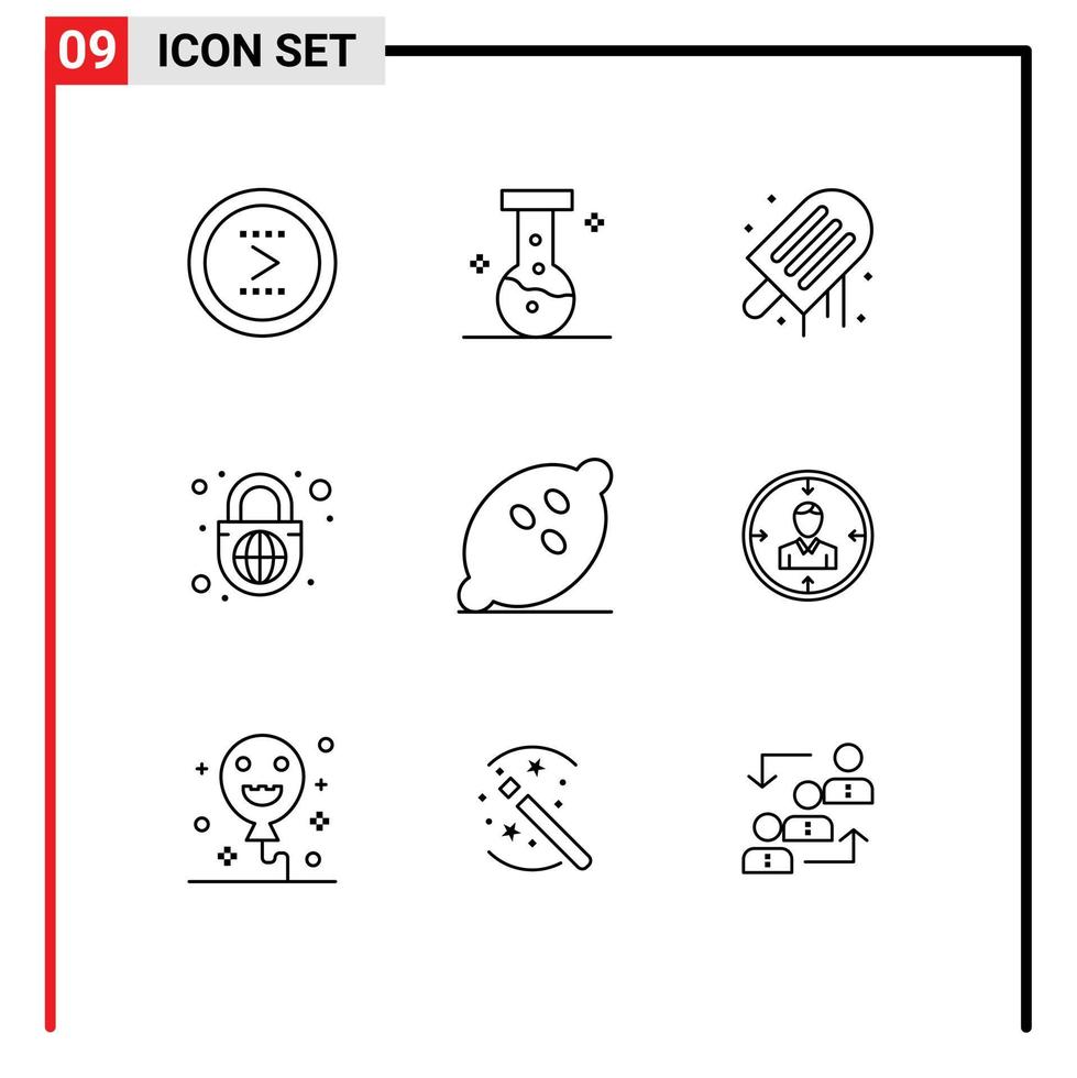Group of 9 Modern Outlines Set for food globe with lock beach globe lock security Editable Vector Design Elements