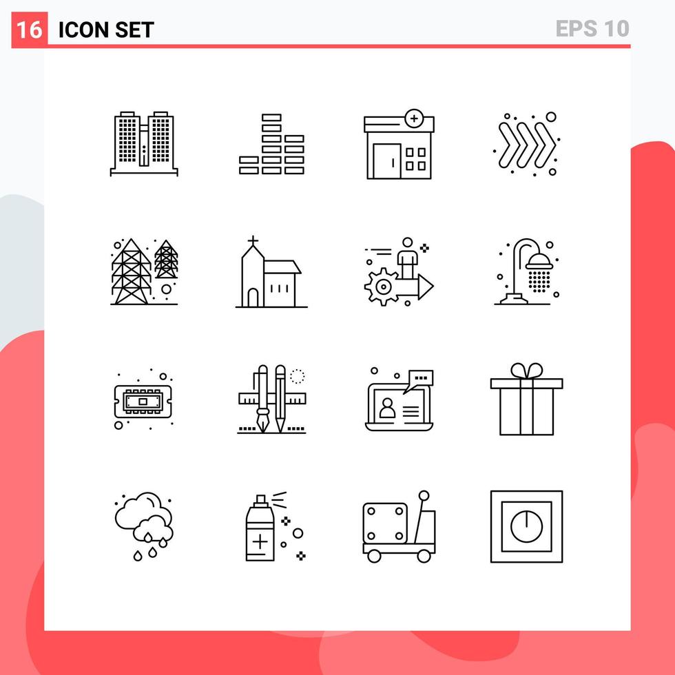 Set of 16 Modern UI Icons Symbols Signs for building tower hospital power keyboard Editable Vector Design Elements