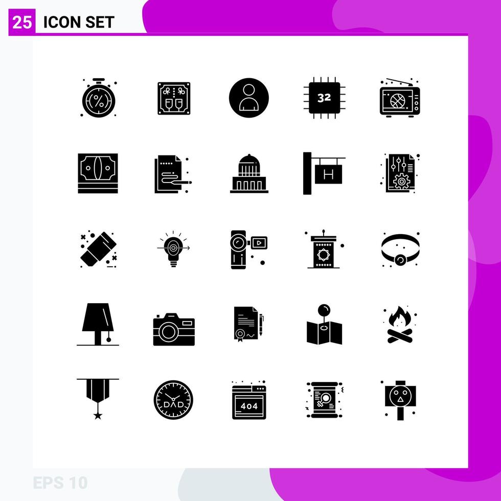 Editable Vector Line Pack of 25 Simple Solid Glyphs of gadget computers cheers chip people Editable Vector Design Elements