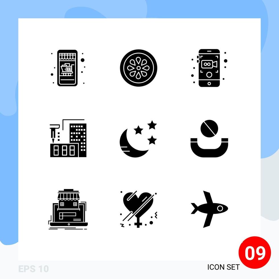 Group of 9 Modern Solid Glyphs Set for moon home camera fabrication architecture Editable Vector Design Elements