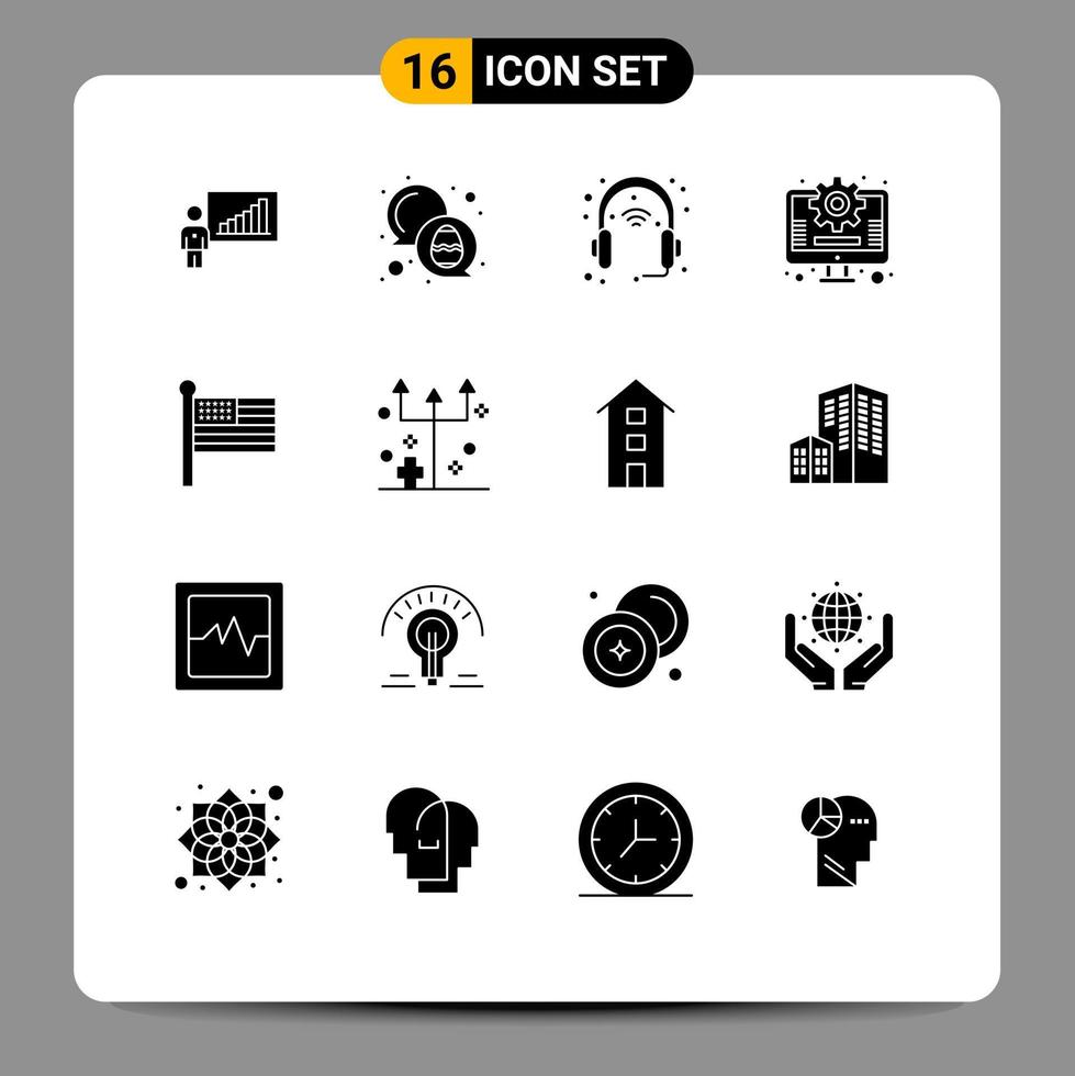 Set of 16 Commercial Solid Glyphs pack for flag management egg business headphone Editable Vector Design Elements