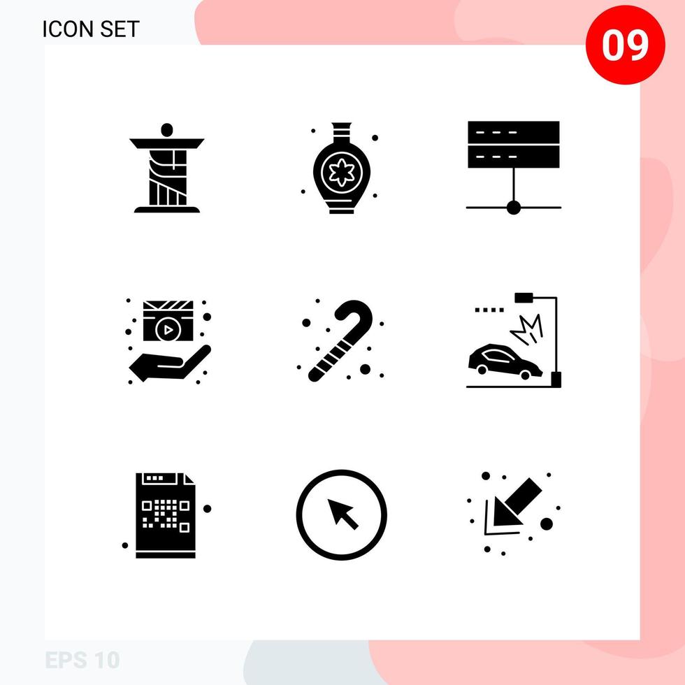 Group of 9 Modern Solid Glyphs Set for candy cane media player data hands director Editable Vector Design Elements