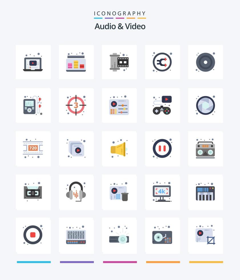 Creative Audio And Video 25 Flat icon pack  Such As shuffle. music. sound. mix. reel vector