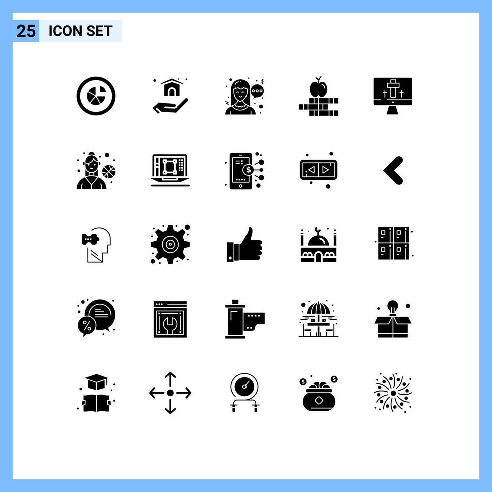 Group of 25 Solid Glyphs Signs and Symbols for egg screen chat monitor books Editable Vector Design Elements