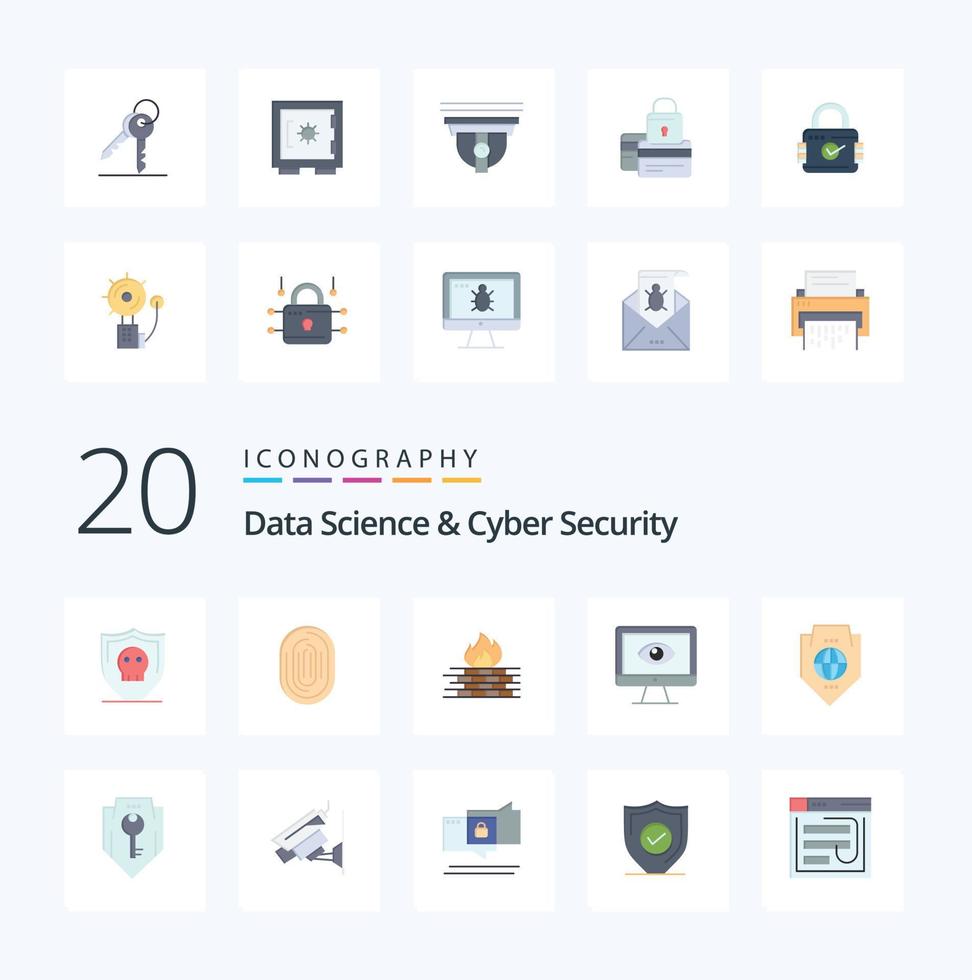 20 Data Science And Cyber Security Flat Color icon Pack like privacy monitor scanner security firewall vector